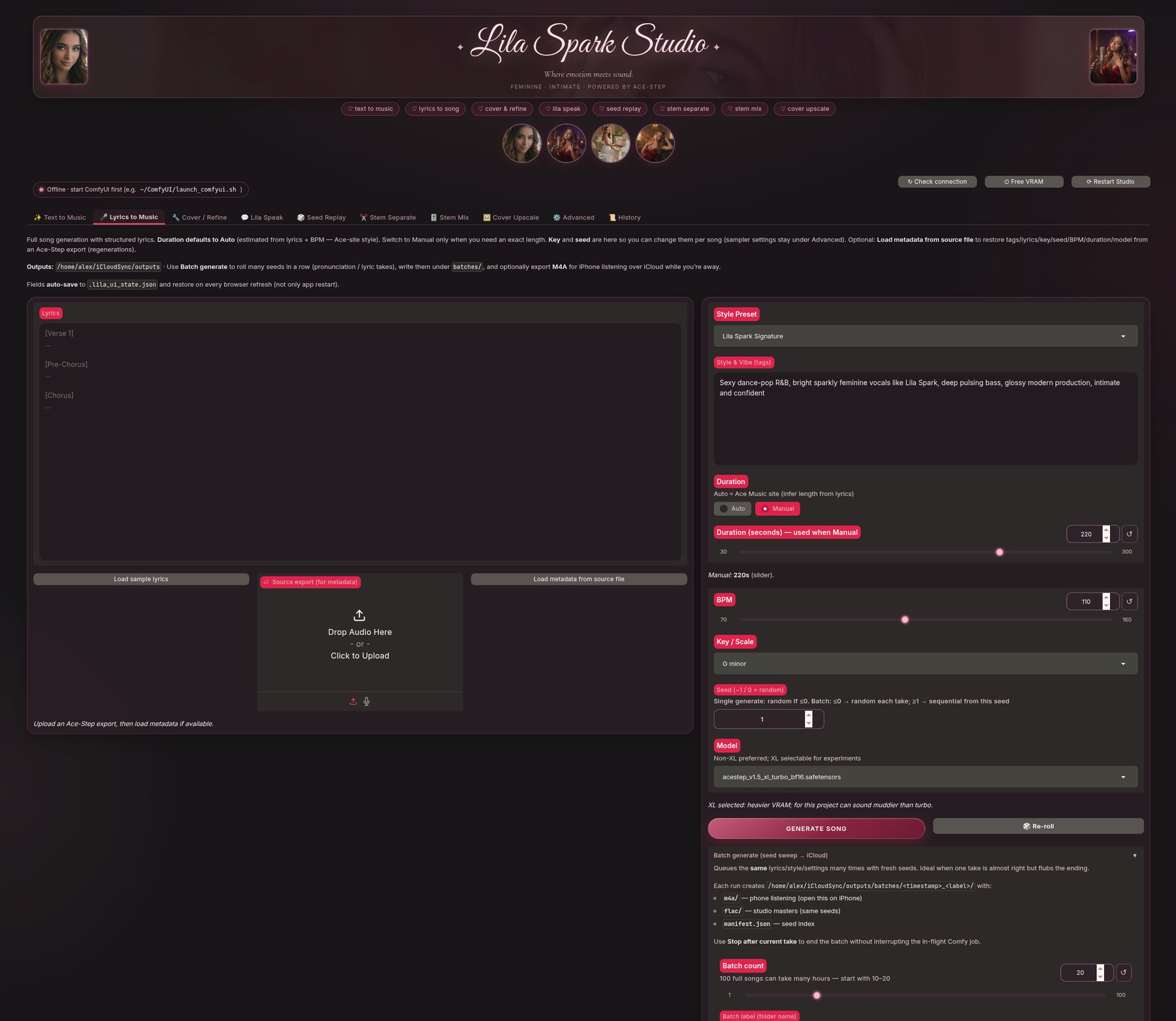 Lila Spark Studio: Lyrics to Music tab with lyrics, style tags, duration, and generate controls